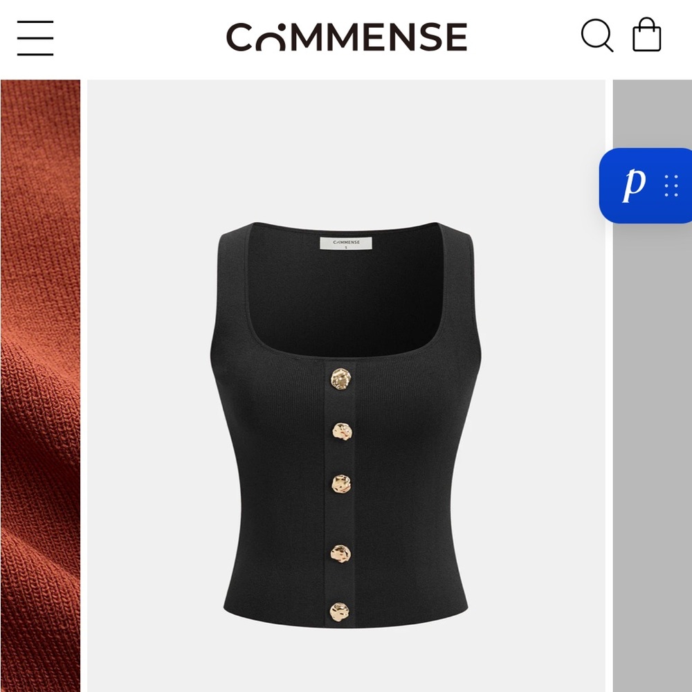 Commense Black Ribbed Tank with Gold Button Detail